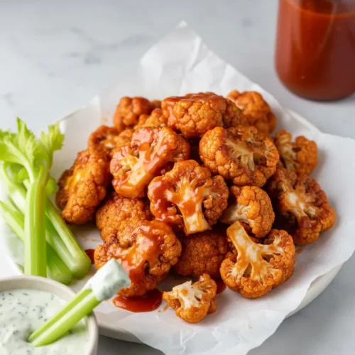 Fried buffalo cauliflower wings coated in a vibrant orange-red sauce, served with fresh celery sticks and a creamy green dip. The cauliflower florets are crispy and slightly caramelized.