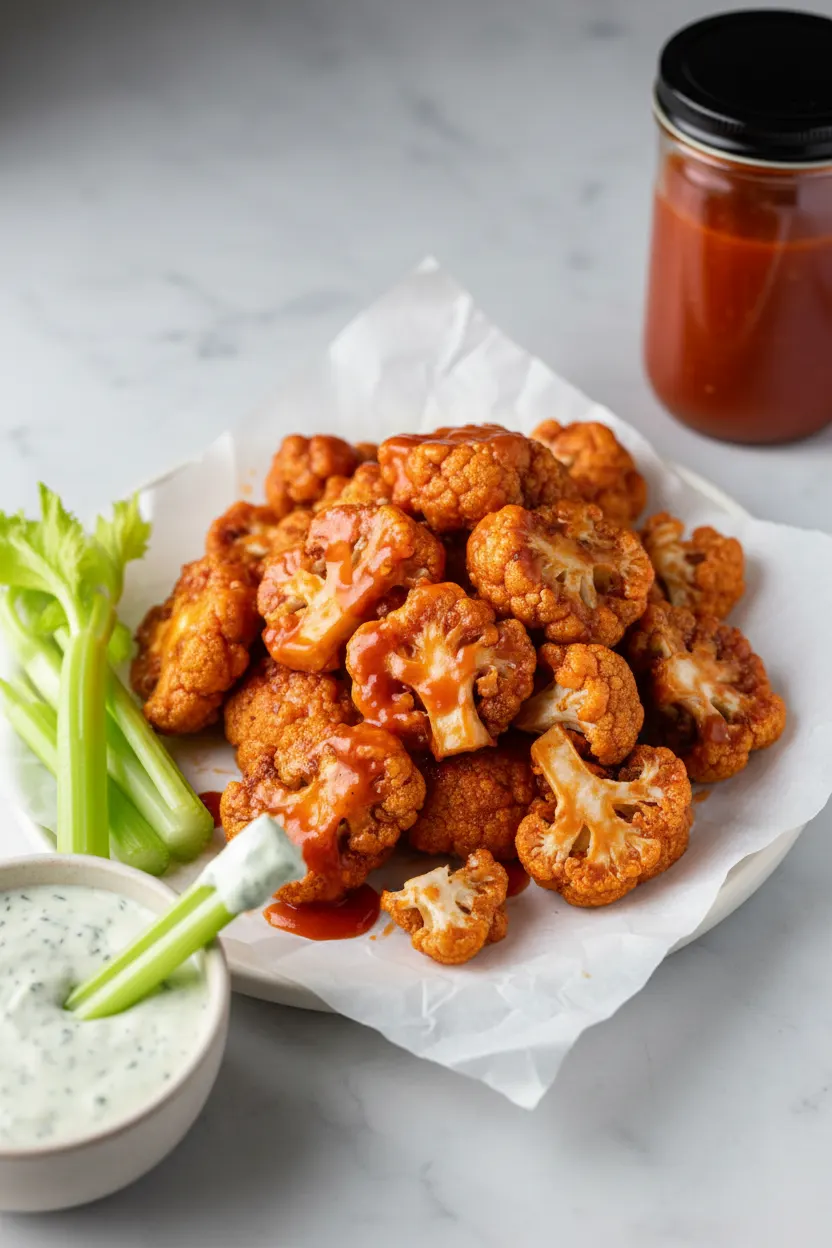Fried buffalo cauliflower wings coated in a vibrant orange-red sauce, served with fresh celery sticks and a creamy green dip. The cauliflower florets are crispy and slightly caramelized.