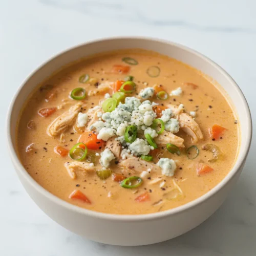 A bowl of creamy buffalo chicken soup, featuring visible chunks of chicken, diced carrots, and celery, topped with blue cheese crumbles, black pepper, and scallions. The soup has a viscous texture and a slightly shimmering surface, illuminated by soft, diffused light against a white marble background.