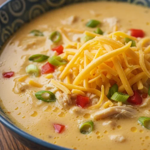 A bowl of creamy Cajun Chicken Soup topped with shredded cheddar and monterey jack cheese, and sliced scallions. The soup has a slightly oily surface with visible droplets of fat. Red bell peppers and shredded chicken are visible. The soup is served in a blue ceramic bowl, and a silver spoon is partially submerged within.