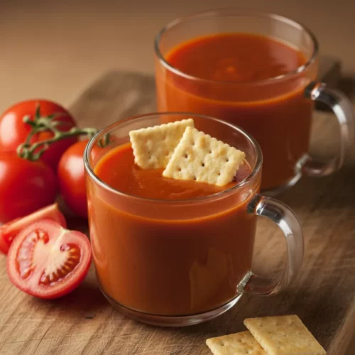 Two glass mugs filled with homemade Campbell's soup copycat, garnished with two square crackers floating on top of the soup in the foreground mug. Several ripe tomatoes and a scattering of crackers are arranged around the mugs on a wooden cutting board.