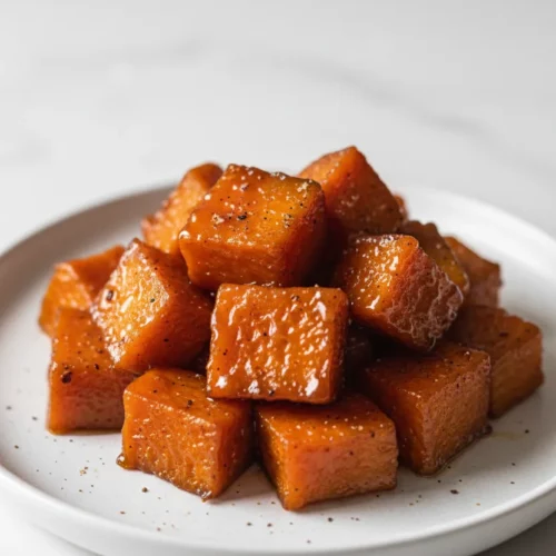 Close-up of glistening candied yams, cut into 1-inch pieces, cooked on the stove top with a sugary glaze and a sprinkle of cinnamon or nutmeg.
