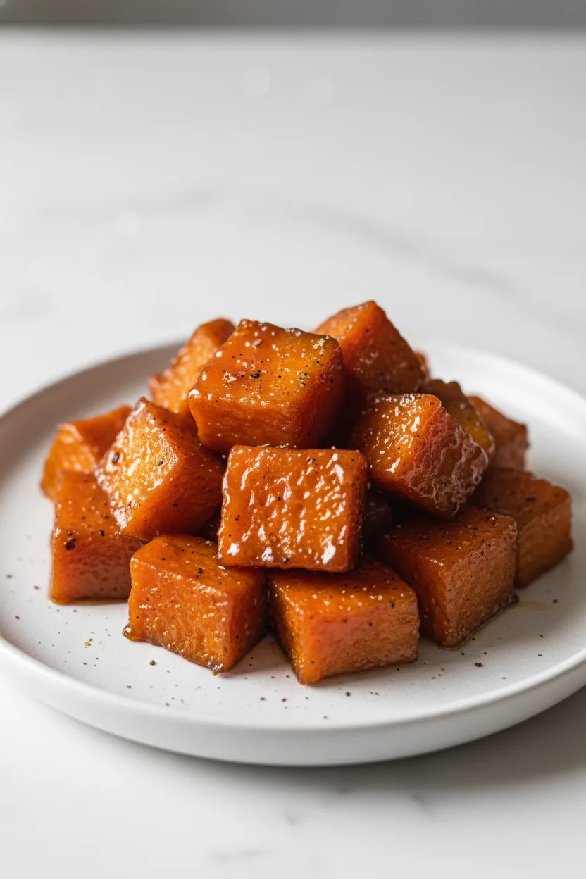 Close-up of glistening candied yams, cut into 1-inch pieces, cooked on the stove top with a sugary glaze and a sprinkle of cinnamon or nutmeg.