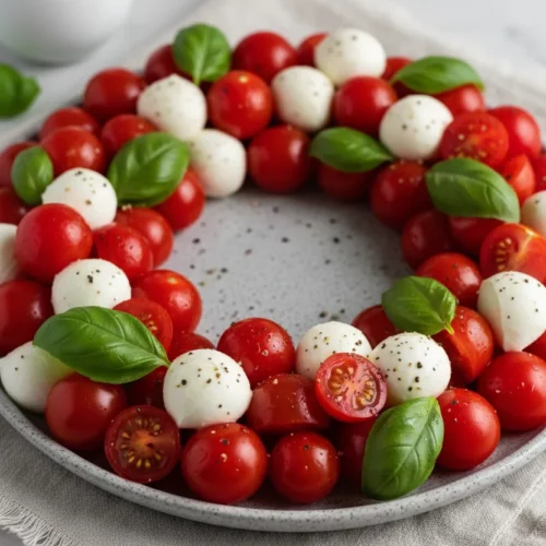 A vibrant Caprese Wreath, featuring whole and halved red cherry tomatoes, creamy white mozzarella balls, and fresh green basil leaves, artfully arranged in a circular pattern on a speckled grey plate. Black pepper is visibly sprinkled over the fresh ingredients, set against a blurred marble background with a white ceramic pitcher in the distance.