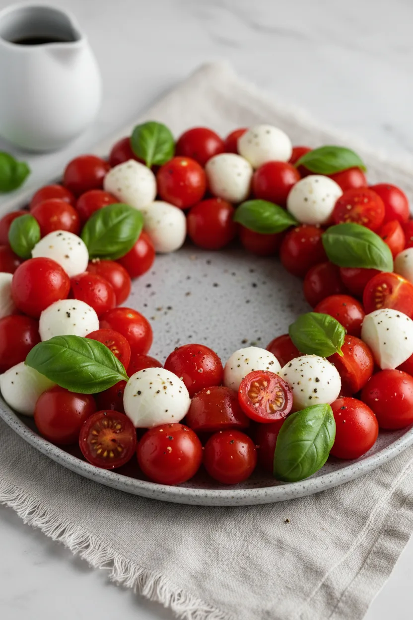A vibrant Caprese Wreath, featuring whole and halved red cherry tomatoes, creamy white mozzarella balls, and fresh green basil leaves, artfully arranged in a circular pattern on a speckled grey plate. Black pepper is visibly sprinkled over the fresh ingredients, set against a blurred marble background with a white ceramic pitcher in the distance.