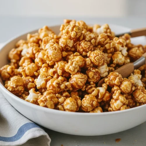 A bowl of caramel popcorn with wooden tongs resting on the rim, sitting on a light-colored countertop next to a folded blue and white striped linen napkin. The caramel coating glistens, unevenly covering the popcorn.