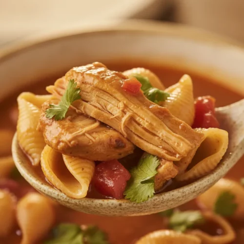 A spoonful of Carrabba’s Spicy Chicken Soup held up, showcasing tender chicken pieces, pasta, diced tomatoes, and herbs in a glossy sauce. More soup is visible in a ceramic bowl in the blurred background.