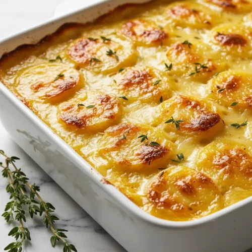 Cheesy scalloped potatoes, thinly sliced and layered in a creamy sauce, served in a white rectangular baking dish. The potatoes are topped with fresh thyme and a silver serving spoon is lifting a portion.