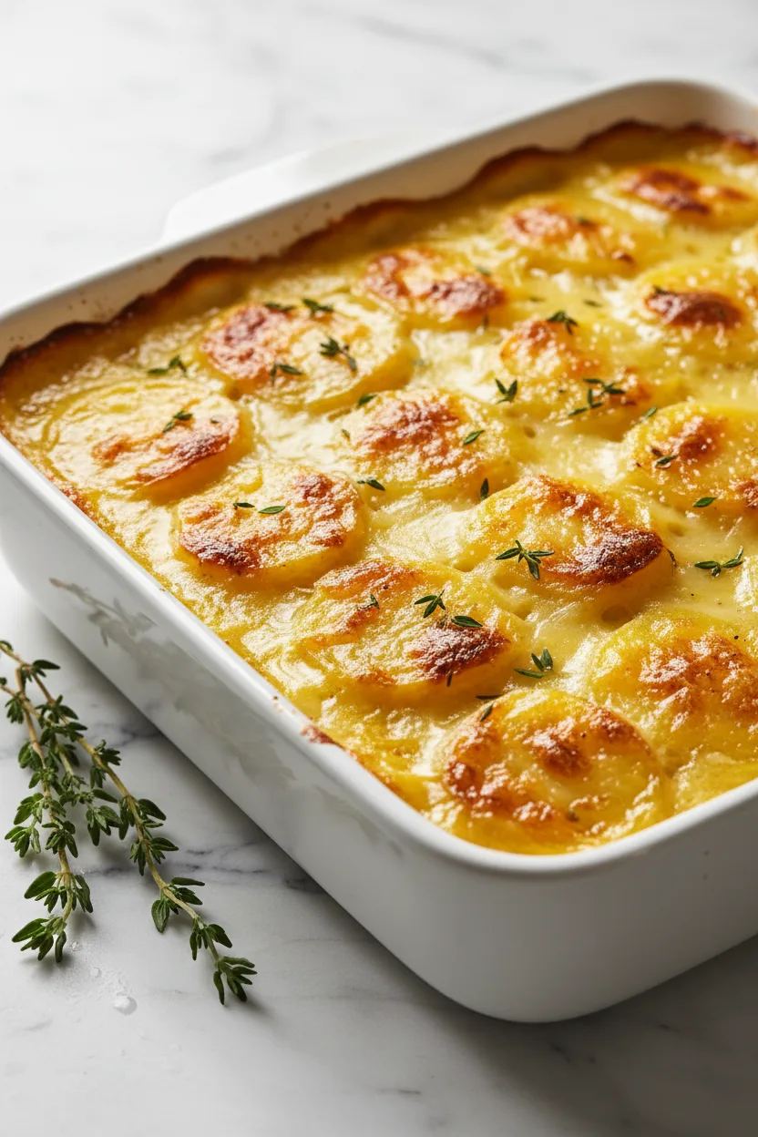 Cheesy scalloped potatoes, thinly sliced and layered in a creamy sauce, served in a white rectangular baking dish. The potatoes are topped with fresh thyme and a silver serving spoon is lifting a portion.