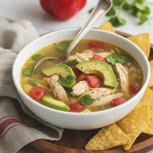 A bowl of Chicken Avocado Lime Soup featuring tender chicken, creamy avocado, juicy tomatoes, and fresh cilantro, served with tortilla chips.