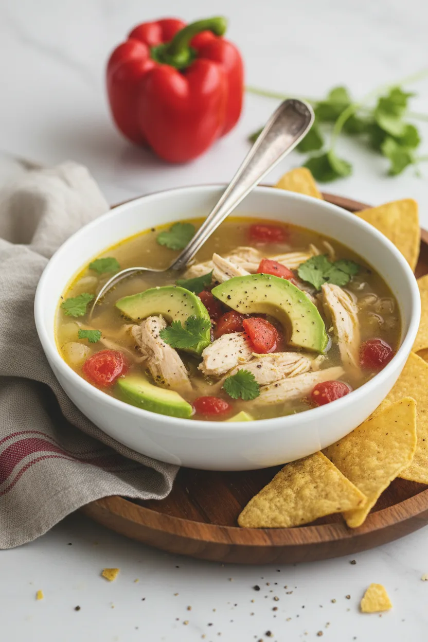 A bowl of Chicken Avocado Lime Soup featuring tender chicken, creamy avocado, juicy tomatoes, and fresh cilantro, served with tortilla chips.