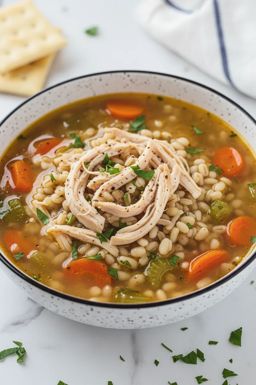 A bowl of Chicken Barley Soup with shredded chicken, pearlescent barley, black pepper, parsley, carrot and celery. A stainless steel spoon is in the bowl and crackers and a napkin are subtly out of focus in the background.