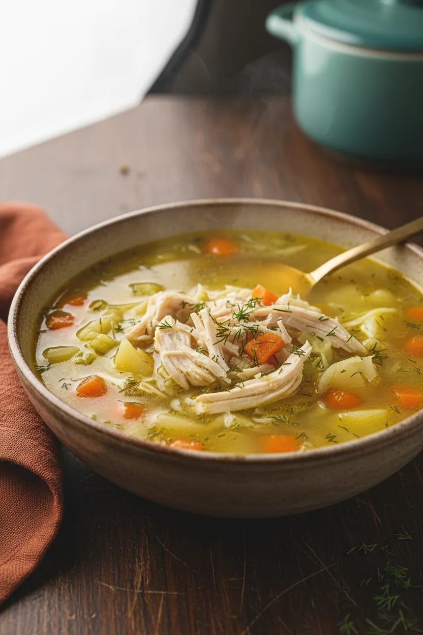 A bowl of chicken cabbage soup with shredded chicken, diced carrots, potatoes, and dried dill garnish. The broth is golden yellow and the soup is sitting on a dark wooden surface.