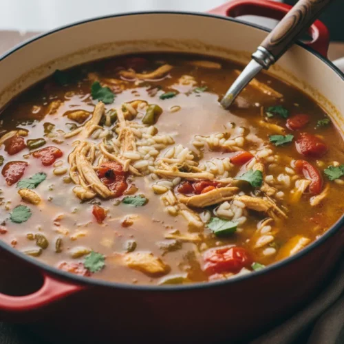 A vibrant bowl of chicken fajita soup in a red enameled cast-iron dutch oven, featuring tender chicken pieces, plump rice grains, colorful bell peppers, and fresh cilantro, highlighted by bright, diffused lighting.