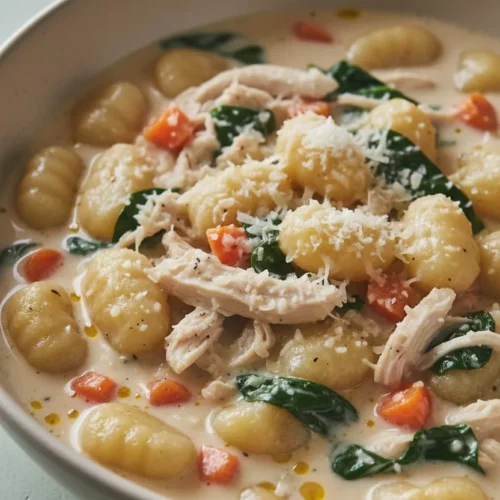 Overhead shot of a creamy bowl of Chicken Florentine Soup. The soup contains gnocchi, shredded chicken, diced carrots, and wilted spinach, topped with grated parmesan cheese. The soup is in a light beige ceramic bowl on a pale green textured surface.