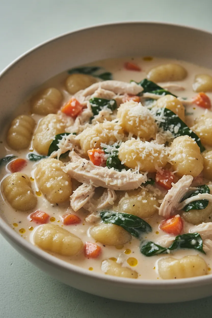 Overhead shot of a creamy bowl of Chicken Florentine Soup. The soup contains gnocchi, shredded chicken, diced carrots, and wilted spinach, topped with grated parmesan cheese. The soup is in a light beige ceramic bowl on a pale green textured surface.