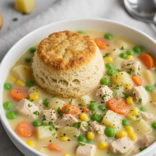 A bowl of creamy chicken pot pie soup with diced chicken, potatoes, carrots, corn, and peas in a pale yellow broth. A golden-brown biscuit sits atop the soup, garnished with chopped parsley and black pepper.