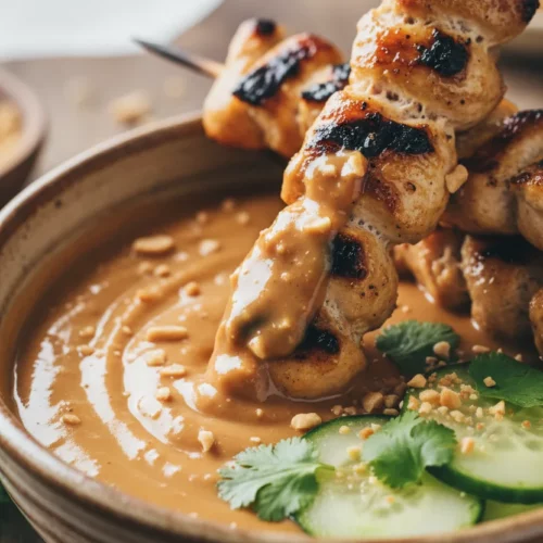 Grilled chicken satay skewers dipped in creamy peanut sauce, garnished with cilantro and peanuts. Cucumber slices are placed at the bottom of the bowl. The chicken has a golden-brown crust with visible char marks and a glistening sauce.