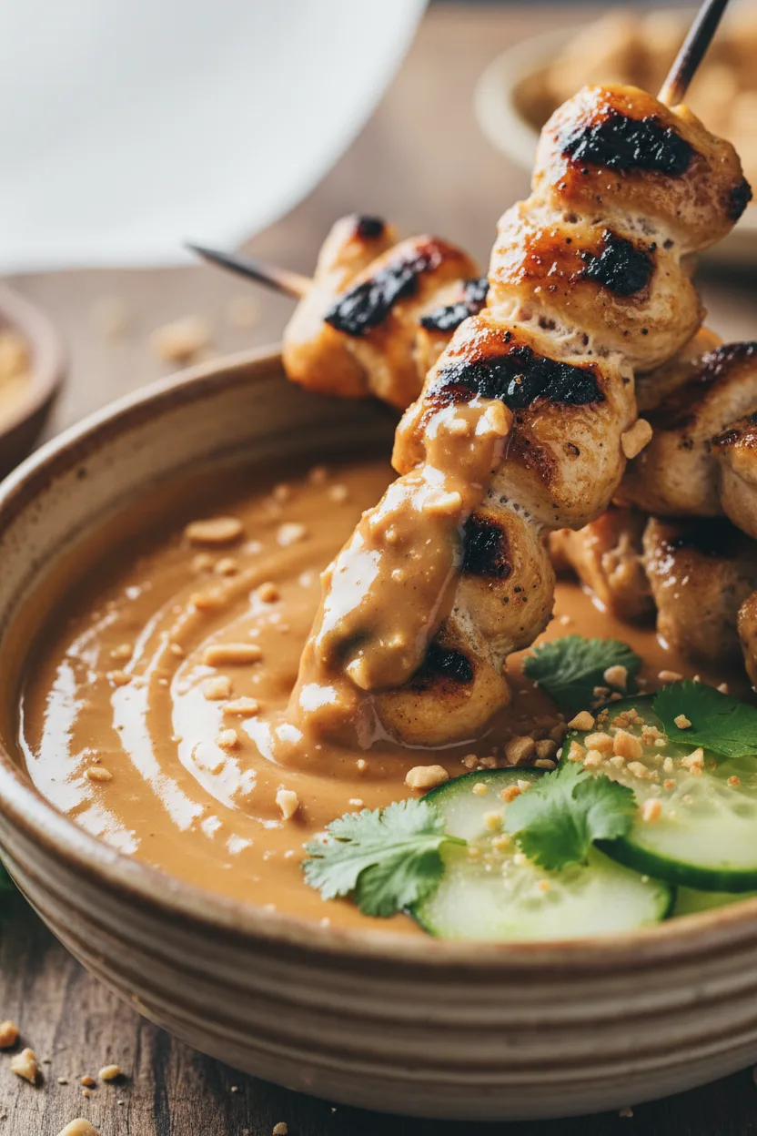 Grilled chicken satay skewers dipped in creamy peanut sauce, garnished with cilantro and peanuts. Cucumber slices are placed at the bottom of the bowl. The chicken has a golden-brown crust with visible char marks and a glistening sauce.
