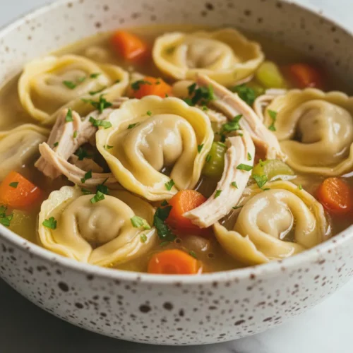 A bowl of Chicken Tortellini Soup featuring plump tortellini, shredded chicken, diced carrots, celery, and parsley in a golden broth. The soup is in a speckled stoneware bowl on a cool marble surface.