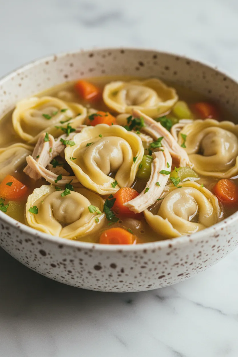 A bowl of Chicken Tortellini Soup featuring plump tortellini, shredded chicken, diced carrots, celery, and parsley in a golden broth. The soup is in a speckled stoneware bowl on a cool marble surface.