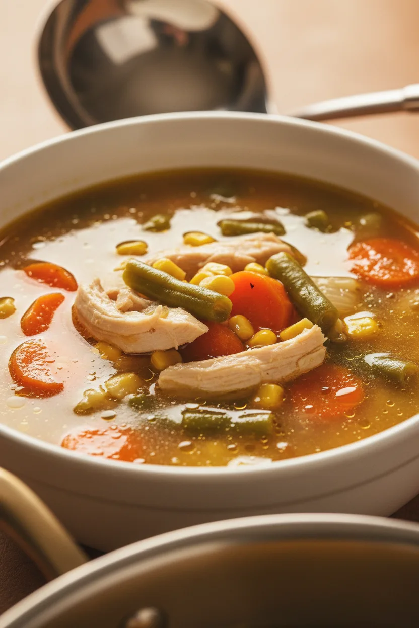 A bowl of glistening chicken vegetable soup, featuring carrots, corn, green beans, and tender chicken pieces in a golden broth. Oil droplets are visible on the surface. A ladle is partially visible at the bottom.