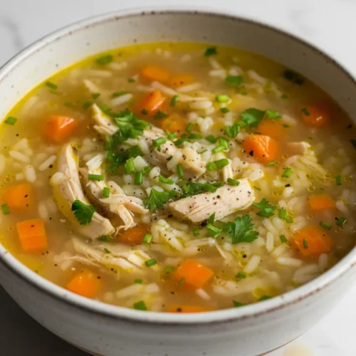 A bowl of homemade chicken and rice soup with shredded chicken, small round rice grains, diced carrots, and garnished with fresh green herbs and black pepper.