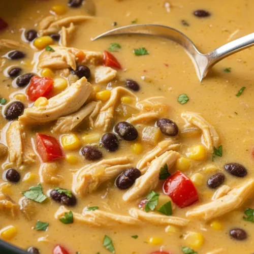 A close-up editorial food shot showcasing a vibrant chicken enchilada soup in a green dutch oven. The soup features shredded chicken, black beans, corn kernels, diced tomatoes, and cilantro, all bathed in a creamy broth. A silver spoon rests inside the pot.