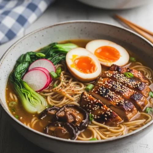 A bowl of chicken shoyu ramen with thin noodles, dark amber broth, sliced marinated soft-boiled eggs with bright orange yolks, grilled chicken with a dark glaze and sesame seeds, sliced radishes, sautéed shiitake mushrooms, wilted bok choy, and green onions.