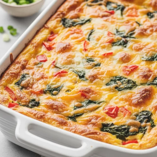 A vibrant and appetizing vegetarian Christmas Morning Breakfast Casserole with melted cheese, red bell peppers, and spinach, baked to a golden-brown crust and served in a white ceramic dish.