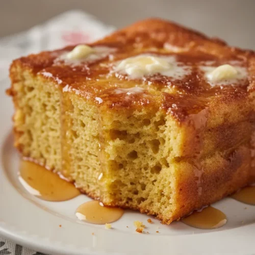 A square slice of cinnamon roll casserole, glistening with maple syrup and melting butter, sits on a white plate. A fork pierces the casserole, revealing a soft interior. The background includes a grey and white patterned napkin with red snowflake prints. This cinnamon roll casserole made using leftovers has a golden-brown crust and a moist, saturated yellow inside.