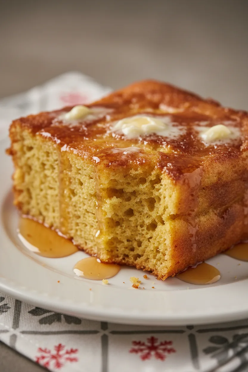 A square slice of cinnamon roll casserole, glistening with maple syrup and melting butter, sits on a white plate. A fork pierces the casserole, revealing a soft interior. The background includes a grey and white patterned napkin with red snowflake prints. This cinnamon roll casserole made using leftovers has a golden-brown crust and a moist, saturated yellow inside.