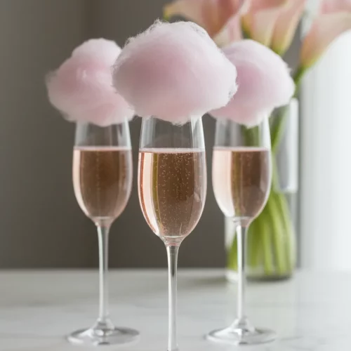 Three champagne flutes filled with rose-colored sparkling wine and topped with pink cotton candy. Bubbles rise within the glasses, set against a background with pink calla lilies and a marble surface.