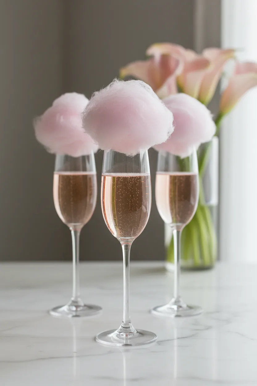 Three champagne flutes filled with rose-colored sparkling wine and topped with pink cotton candy. Bubbles rise within the glasses, set against a background with pink calla lilies and a marble surface.