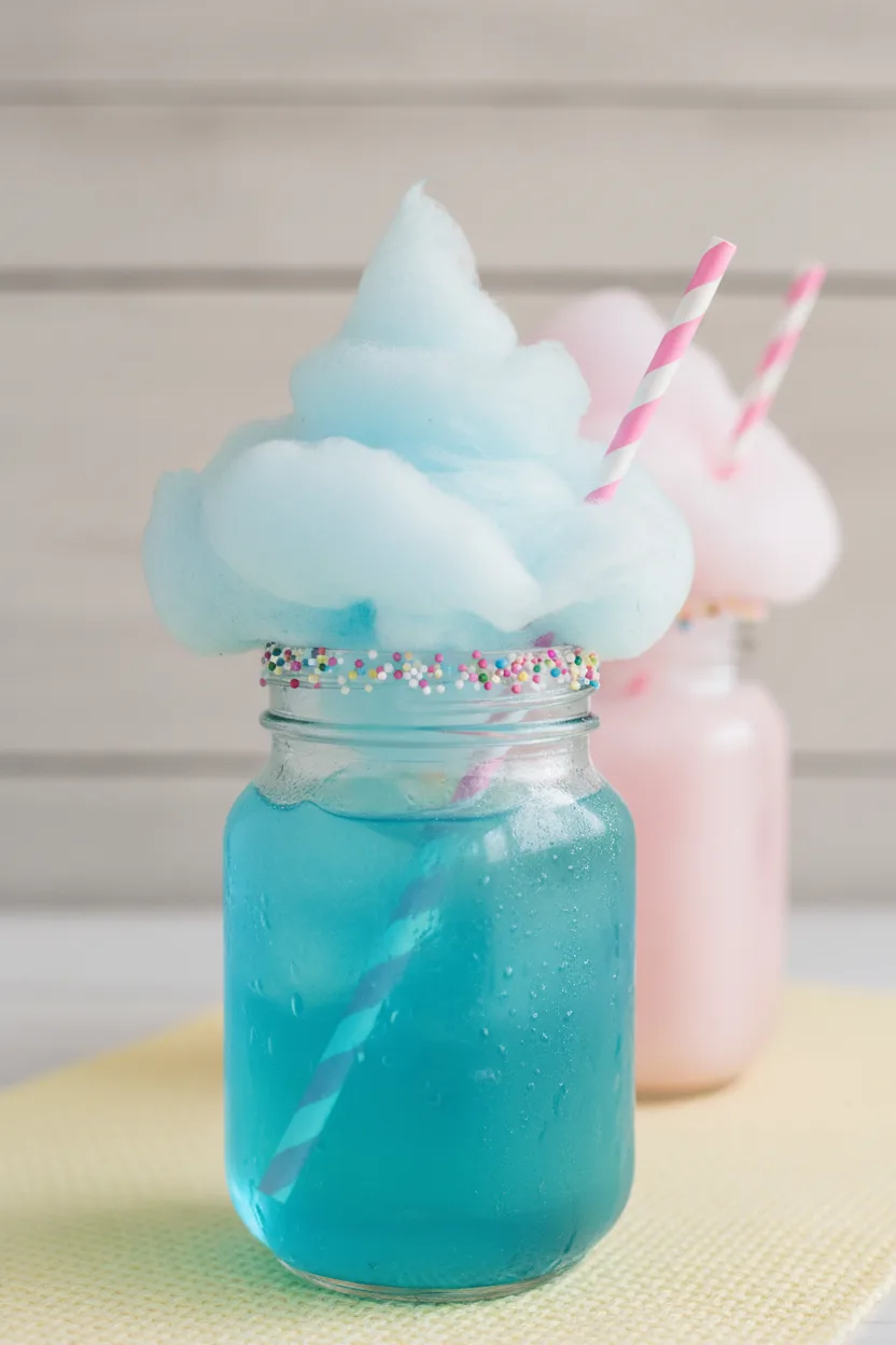 Mason jar filled with vibrant blue cotton candy soda mocktail, topped with pastel blue cotton candy and colorful sprinkles, featuring a pink and white striped straw.