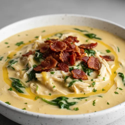 A bowl of creamy Crack Chicken Soup featuring shredded chicken, melted cheddar cheese, spinach leaves, and crumbled bacon. The soup is thick and served in a white bowl.