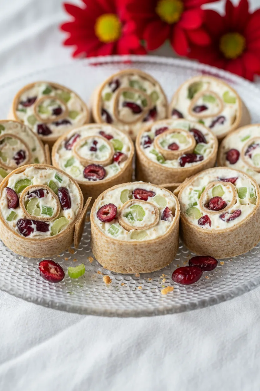Cranberry cream cheese pinwheels arranged on a clear textured glass platter. The pinwheels are made with a light brown wrap, a cream cheese filling, red cranberries, and green celery.