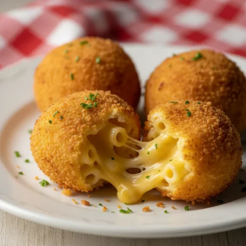 Close-up of crispy fried mac and cheese balls on a white plate. The golden-brown crust reveals molten cheddar cheese and al dente macaroni inside. A red and white checkered cloth is visible in the background.
