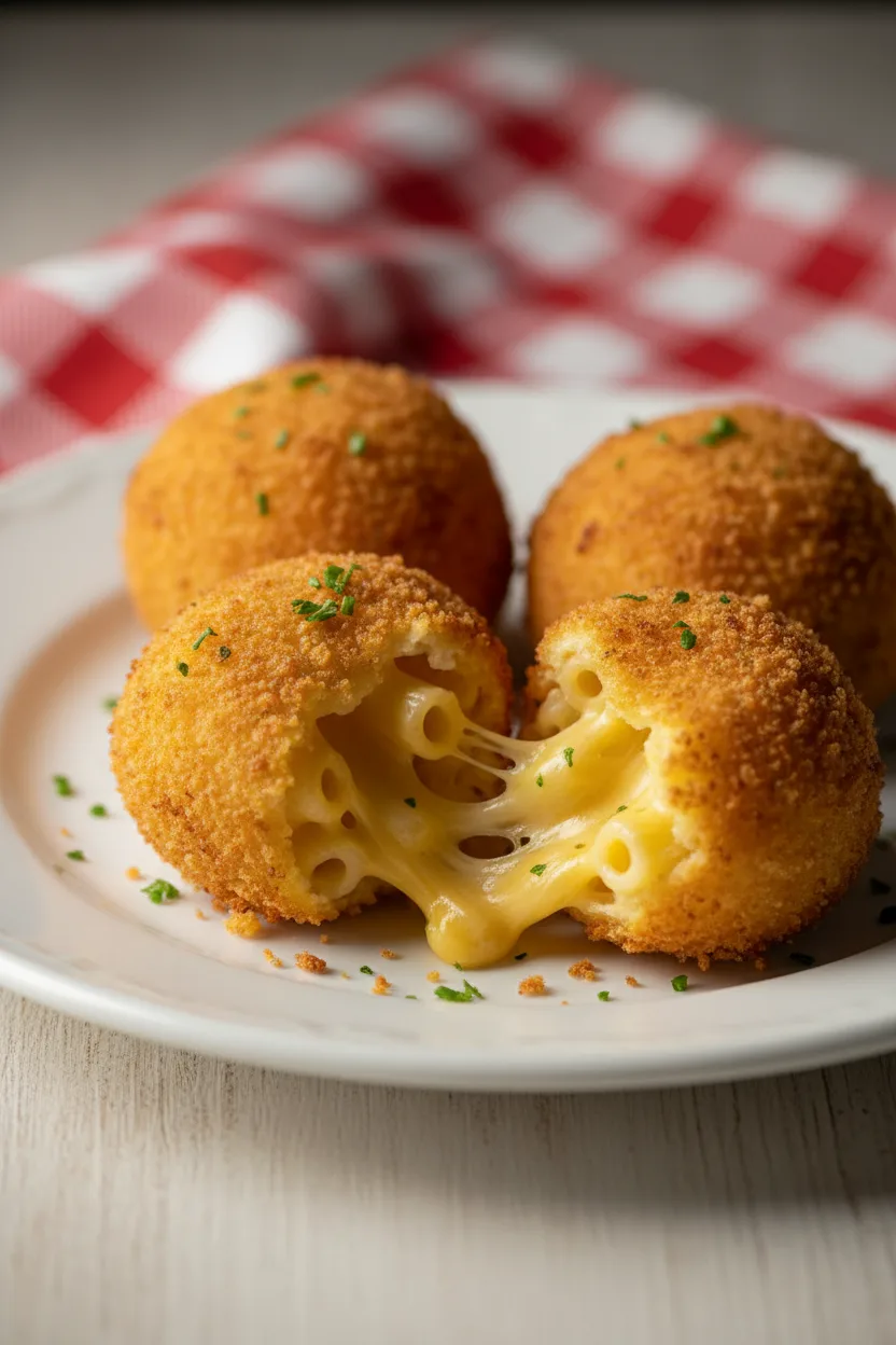 Close-up of crispy fried mac and cheese balls on a white plate. The golden-brown crust reveals molten cheddar cheese and al dente macaroni inside. A red and white checkered cloth is visible in the background.