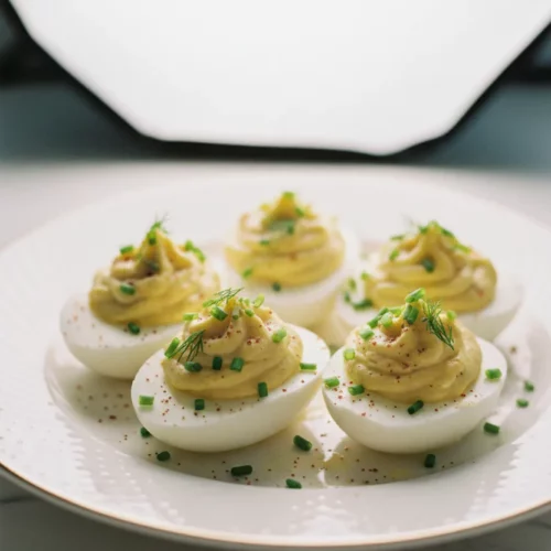 Deviled Eggs with Chives: A high-key, commercial shot of deviled eggs featuring smooth egg white halves filled with creamy yolk, sprinkled with paprika, and garnished with fresh chives and dill, presented on a speckled white plate with a gold rim and a white marble surface.