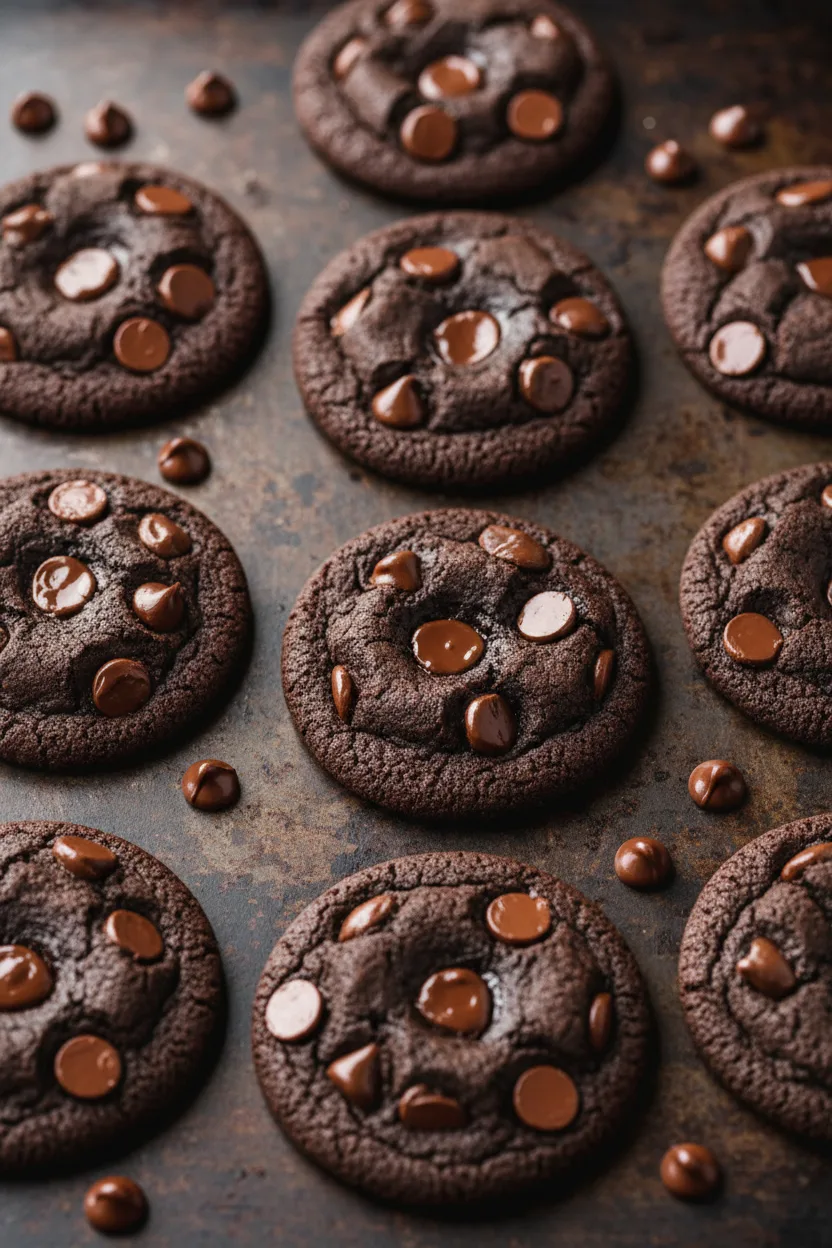 Overhead shot of nine freshly baked double chocolate chip cookies arranged in a grid on a dark, textured surface with scattered chocolate chips. The cookies are round with cracked surfaces and studded with melted and whole chocolate chips.