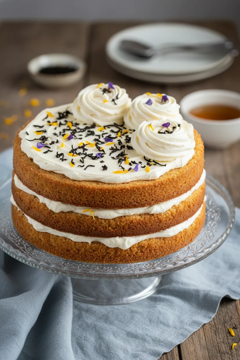 A three-layer naked French Earl Grey Cake decorated with creamy white frosting, tea leaves, and small yellow and purple flower petals, sitting on a clear glass cake stand with a light blue linen cloth beneath. The background shows a rustic wooden surface and blurred glimpses of kitchenware.