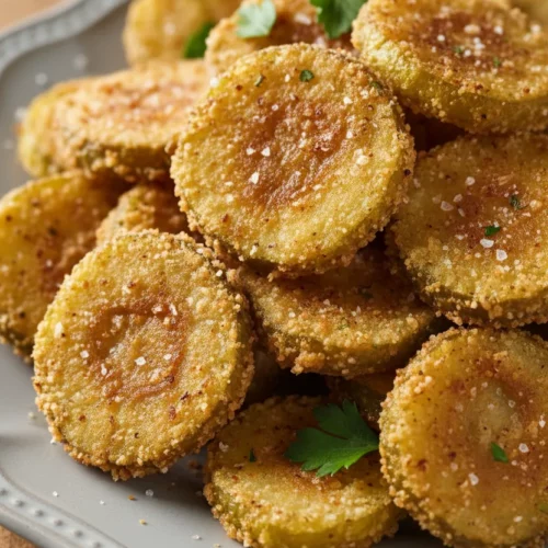 A heaping pile of crispy fried pickles served on a light gray plate with scattered fresh parsley. The pickles are golden brown and seasoned, with visible salt crystals. A creamy dipping sauce, likely ranch dressing, is nearby. The pickles are on a warm-toned wooden surface, with a shallow depth of field blurring the background.