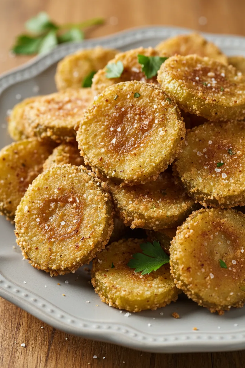 A heaping pile of crispy fried pickles served on a light gray plate with scattered fresh parsley. The pickles are golden brown and seasoned, with visible salt crystals. A creamy dipping sauce, likely ranch dressing, is nearby. The pickles are on a warm-toned wooden surface, with a shallow depth of field blurring the background.