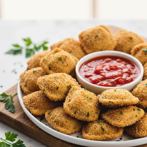Crispy, golden-brown fried ravioli with marinara sauce on a white plate. The toasted ravioli is coated in coarse breadcrumbs and garnished with fresh parsley. A small white bowl of chunky tomato sauce sits beside the fried ravioli. The scene is set on a textured white marble surface with a rustic wooden cutting board partially visible.