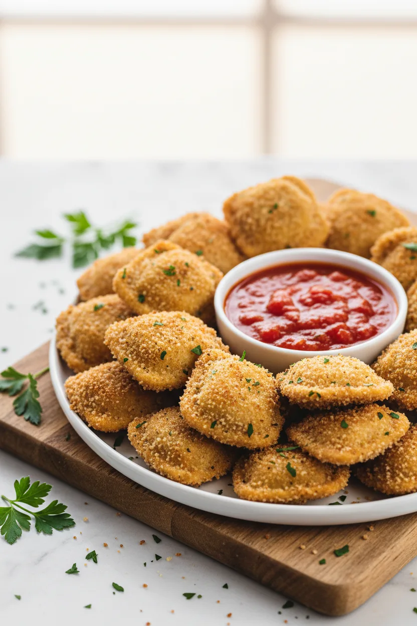 Crispy, golden-brown fried ravioli with marinara sauce on a white plate. The toasted ravioli is coated in coarse breadcrumbs and garnished with fresh parsley. A small white bowl of chunky tomato sauce sits beside the fried ravioli. The scene is set on a textured white marble surface with a rustic wooden cutting board partially visible.