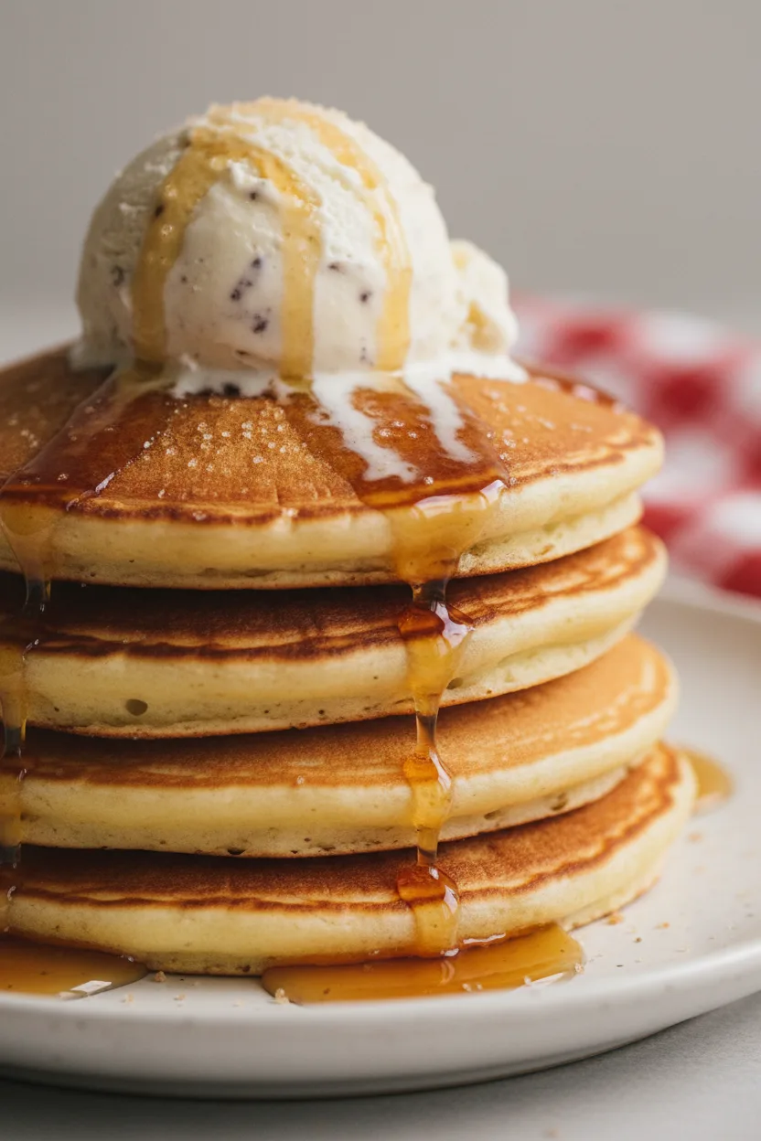 A stack of four fluffy gingerbread pancakes topped with a scoop of melting vanilla ice cream and amber syrup. Tiny sugar grains are sprinkled on top, with a red and white gingham napkin hinting in the background.