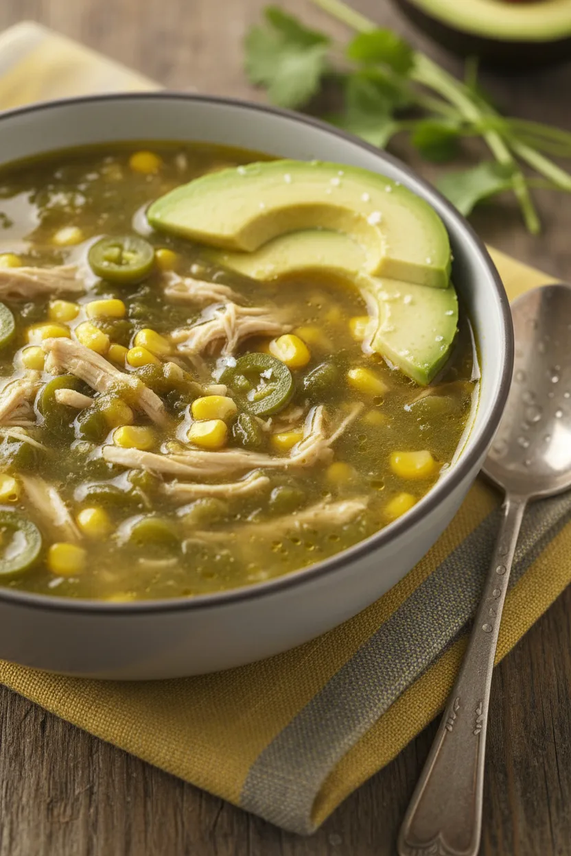 A bowl of green chili chicken soup with avocado slices, corn, and chopped green chiles. The soup has a slightly oily surface and is served in a light grey ceramic bowl on a yellow and grey woven napkin. A vintage silver spoon rests beside the bowl, and cilantro sprigs and an avocado are visible in the background.