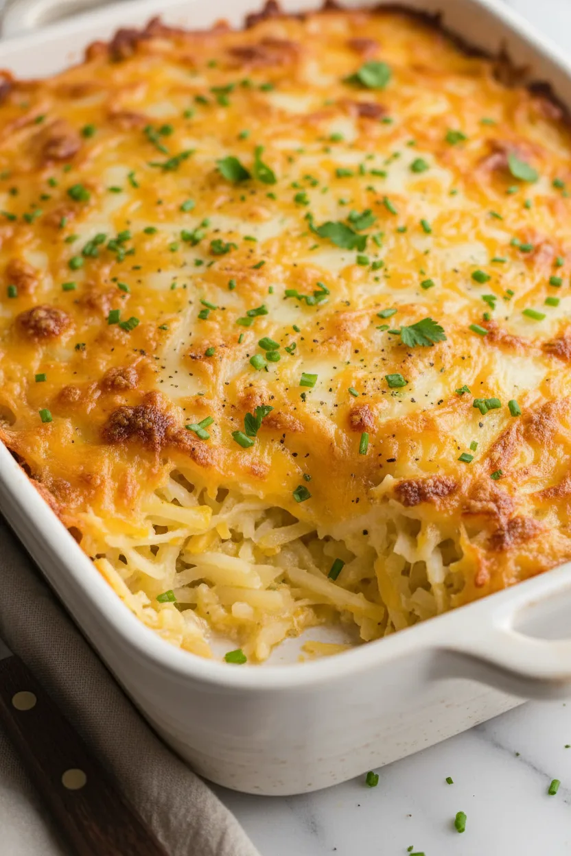 Close-up of a creamy hashbrown casserole, a Cracker Barrel copycat recipe, featuring shredded potatoes, a browned and bubbly cheese topping with herbs sprinkled on top, served in a white ceramic baking dish.