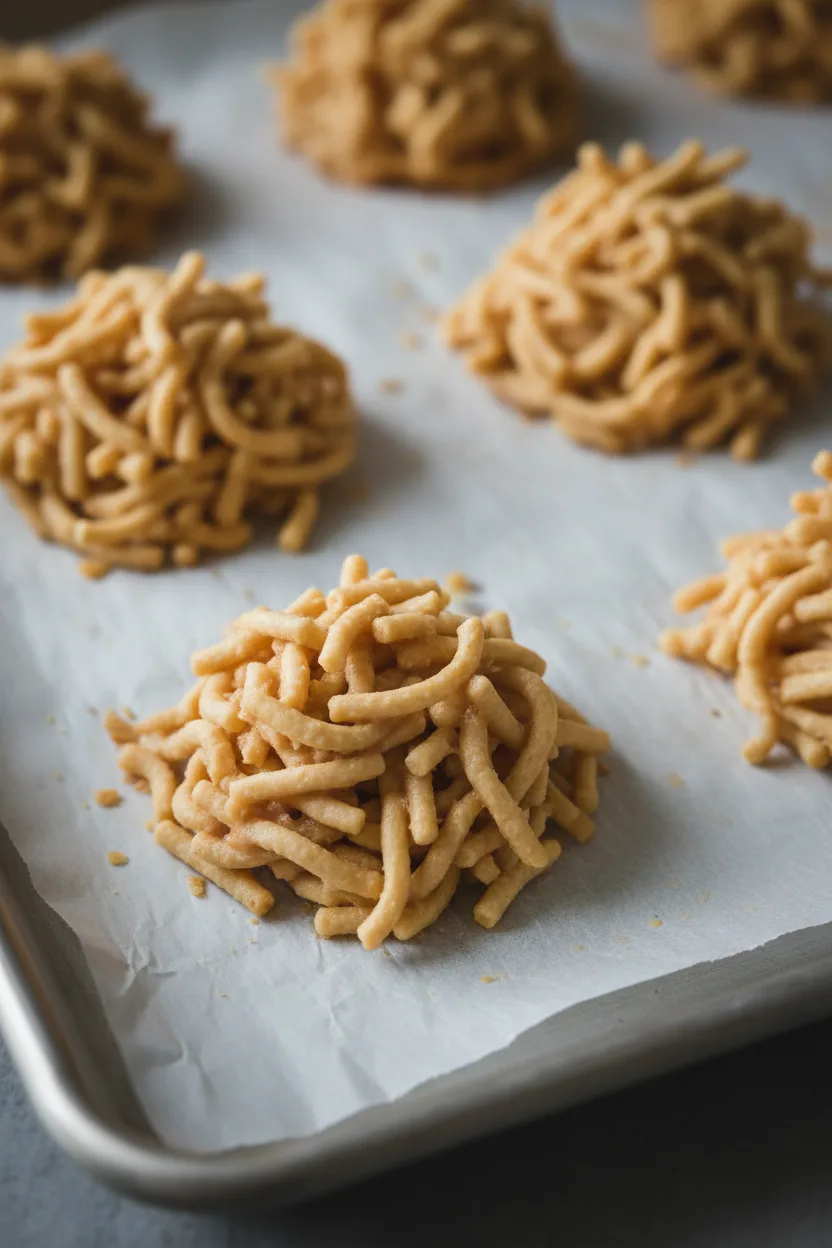 Clusters of haystack cookies made with chow mein noodles coated in a light caramel-colored butterscotch, arranged on parchment paper on a metal baking sheet.